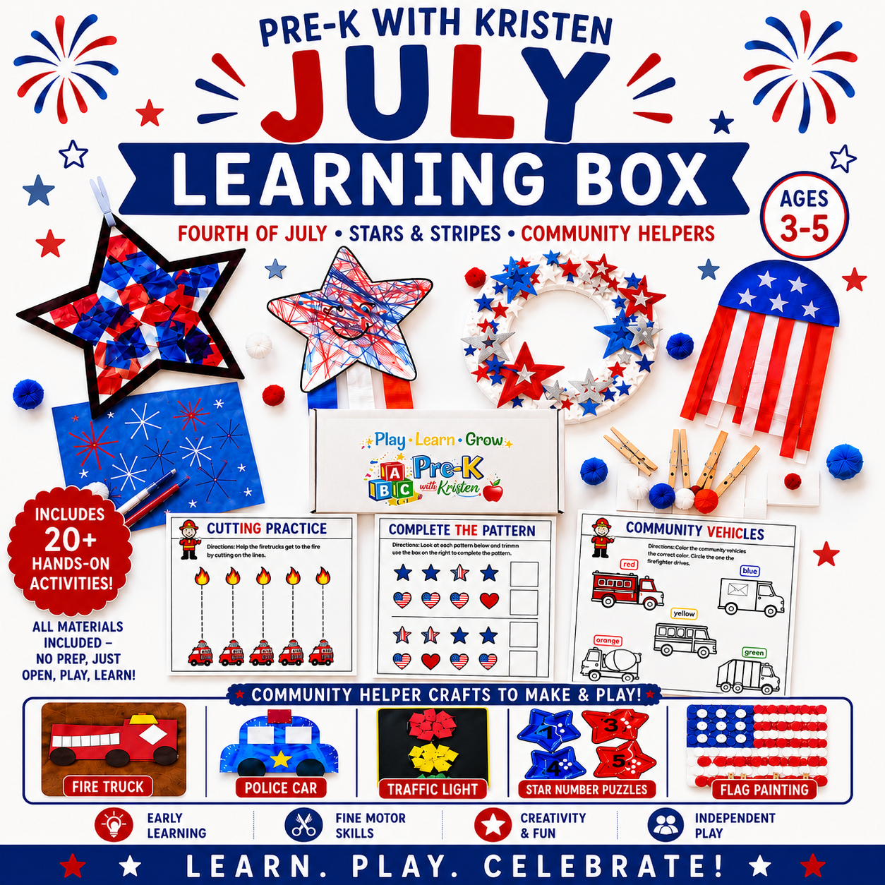 Promotional image of a July learning box for pre-K with activities and crafts themed around the Fourth of July.