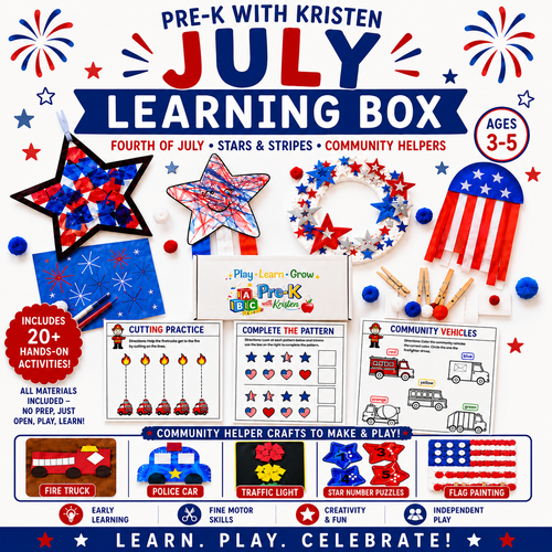 Promotional image of a July learning box for pre-K with activities and crafts themed around the Fourth of July.